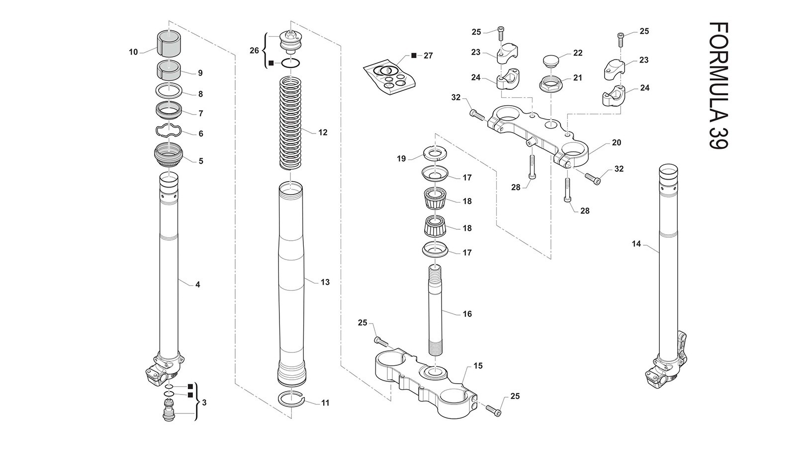Horquilla delantera + abrazaderas (Formula39)